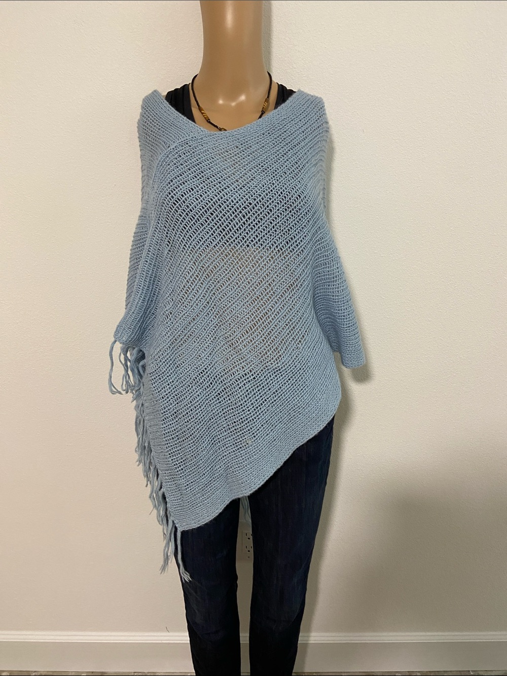 VTG BCBGMaxAzria Light Blue Open-Knit Fringe Poncho